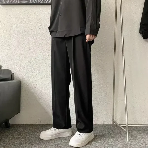 Trendy Korean Men’s Pleated Pants – Youth Draped Straight-Leg Suit Pants, Half Elastic Waist, Wide-Leg Casual Trousers for Spring