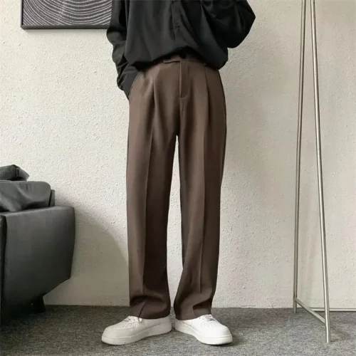 Trendy Korean Men’s Pleated Pants – Youth Draped Straight-Leg Suit Pants, Half Elastic Waist, Wide-Leg Casual Trousers for Spring